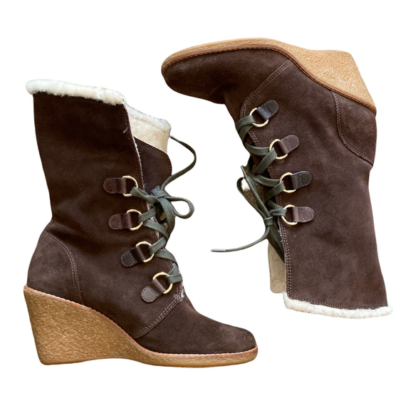Cole Haan Boots Brown Suede Shearling Lace Up Wedge Heel 7.5 - Picture 5 of 9